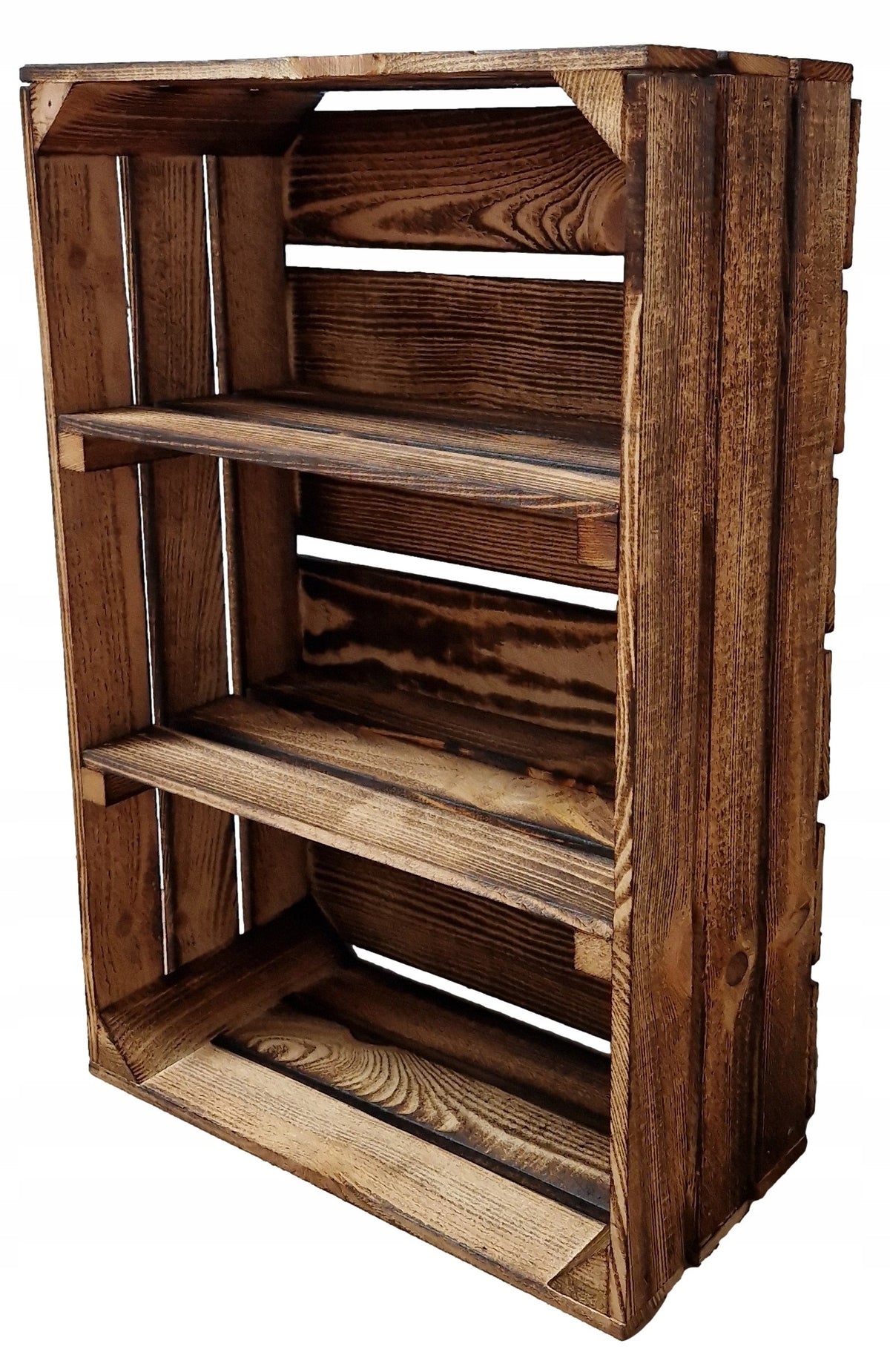 Drewniana skrzynka, opalany organizer z 2 półkami, 60x40x20 cm, styl loft pojemnik dekoracyjny do przechowywania
