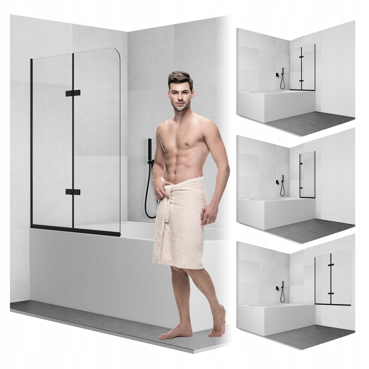 Parawan nawannowy składany 2-SKRZYDŁOWY czarny 100cm transparentny sevante osłona do wanny ze szkła, 140 cm, ochrona