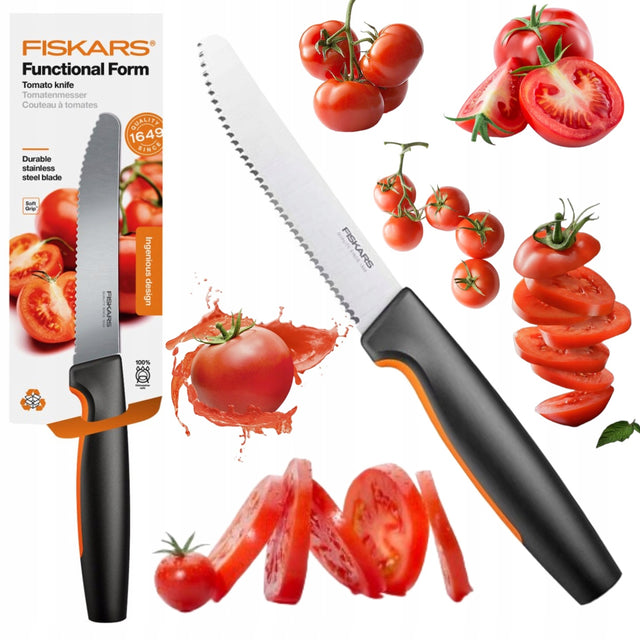 NÓŻ fiskars do pomidorów kuchenny ostry stal nożyk do kuchni 13cm premium krojenia warzyw, gumowany uchwyt, ostrze 12 cm