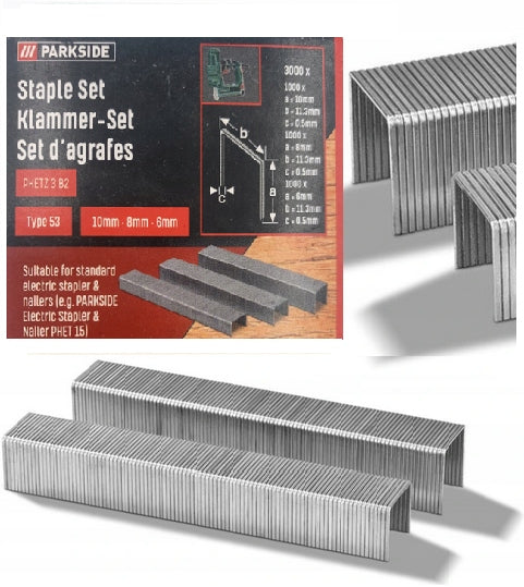 Parkside Type 53 Zszywki do PAT 4 6 + 8+ 10mm 3000 klamry tapicerskie, wkłady do zszywacza ręcznego, mocowanie tkanin i