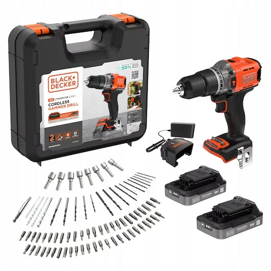 wiertarko-wkrętarka udarowa 45Nm 18V 2x2,0Ah, Black+Decker [BCD383D2XKA-QW] do montażu, wkrętak, walizka, zestaw z