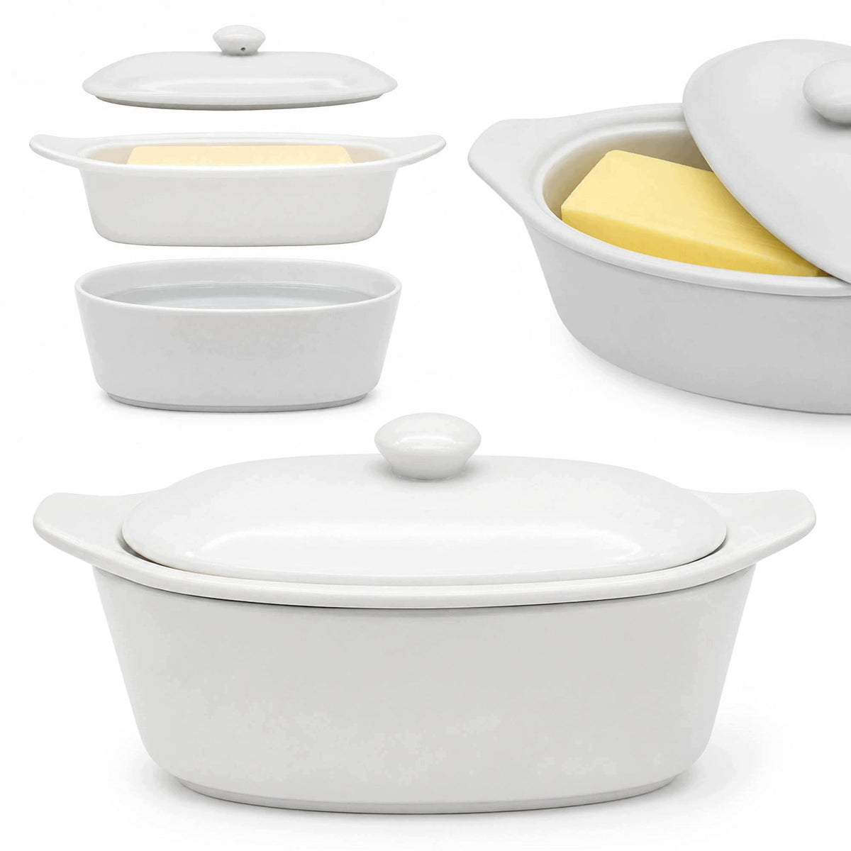 Maselnica Pojemnik z Pokrywą Uchwytami Zamykana Elegancka Maselniczka ceramiczna owalna biała do serwowania i