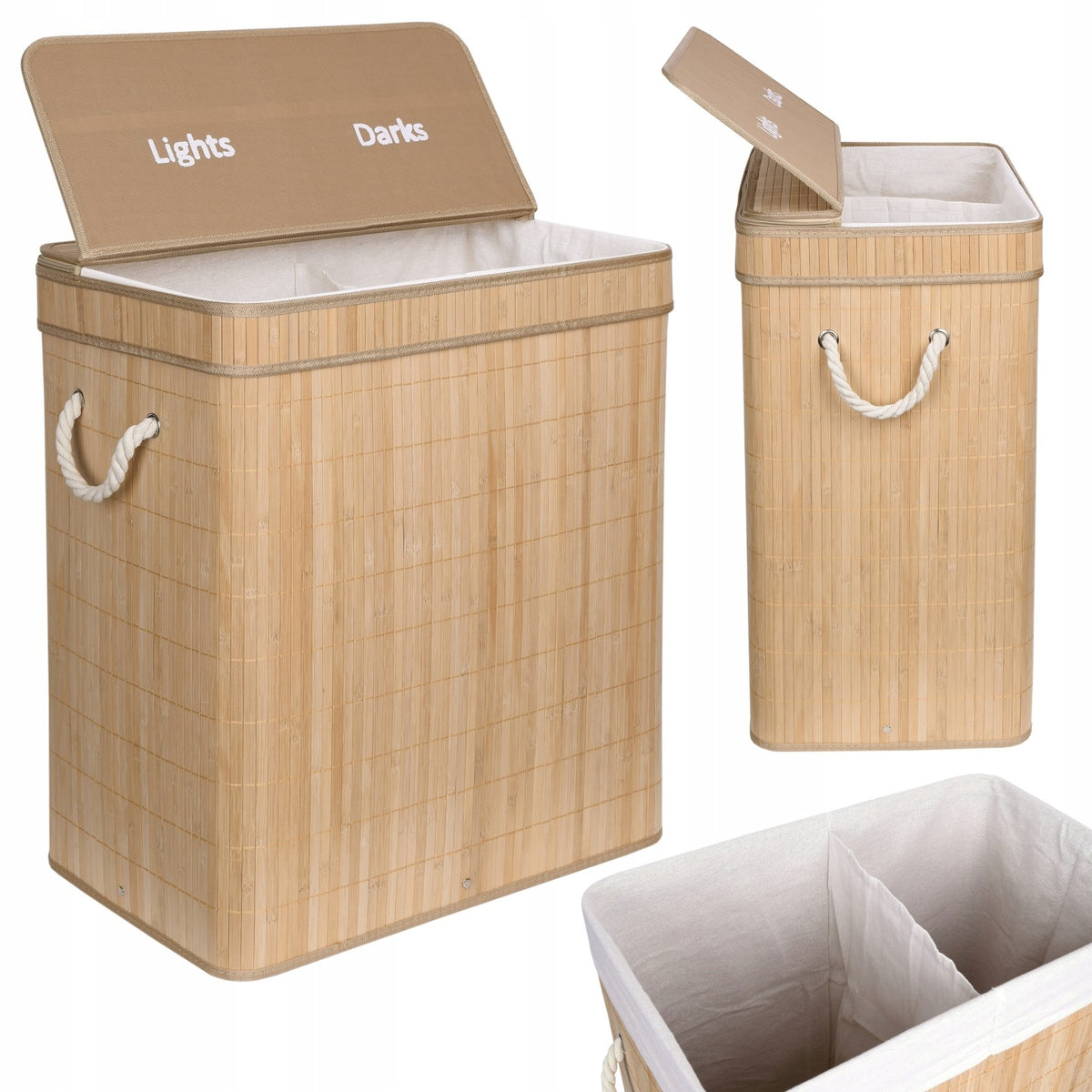 Pojemnik kosz bambusowy na pranie bieliznę 2 komory duży organizer 100l hamper łazienkowy wolnostojący brązowo-beżowy