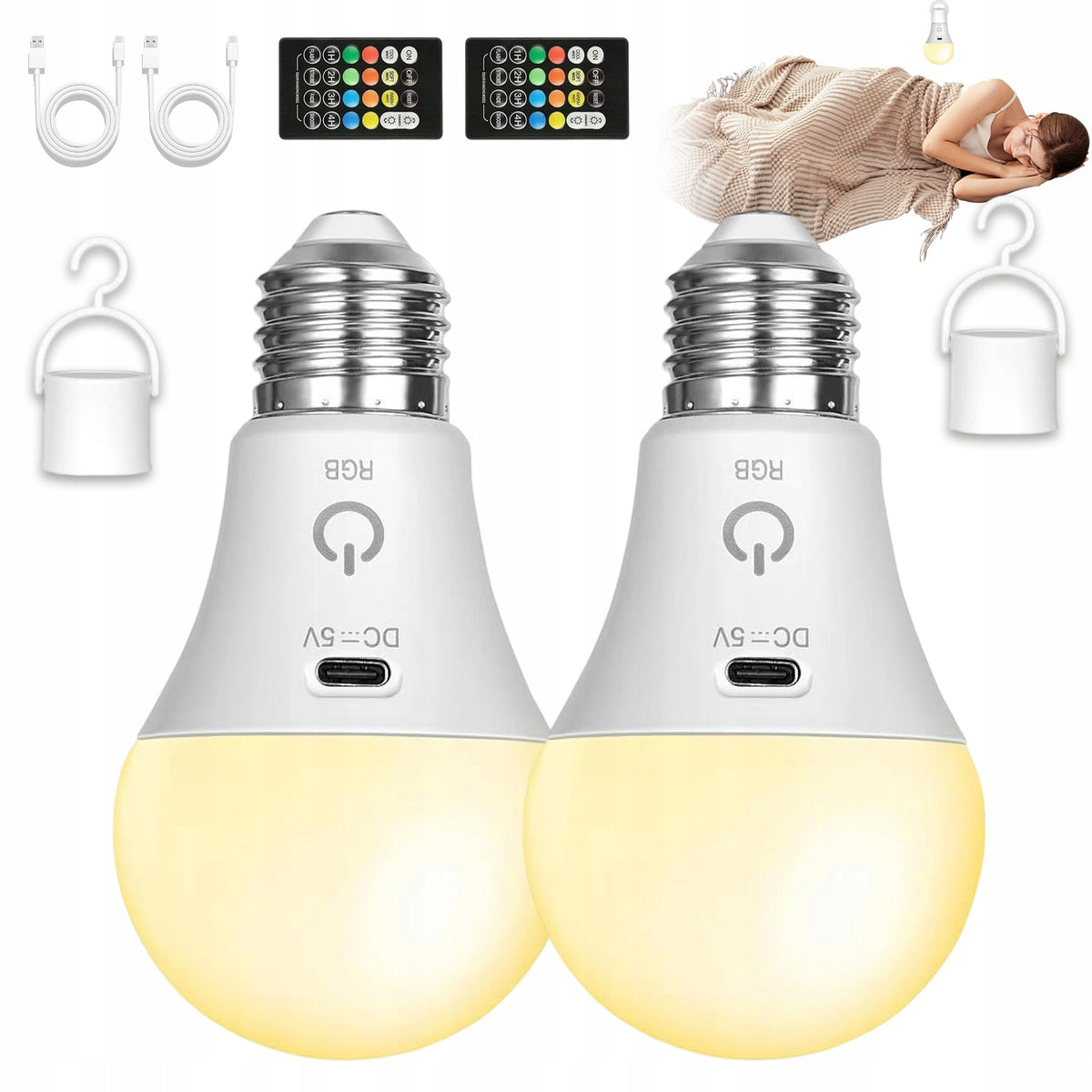 Żarówki LED 2 SZT E27 ładowalne USB pilot regulacja jasności kolor lampy do domu, ciepłe białe 380 lm, 9 w