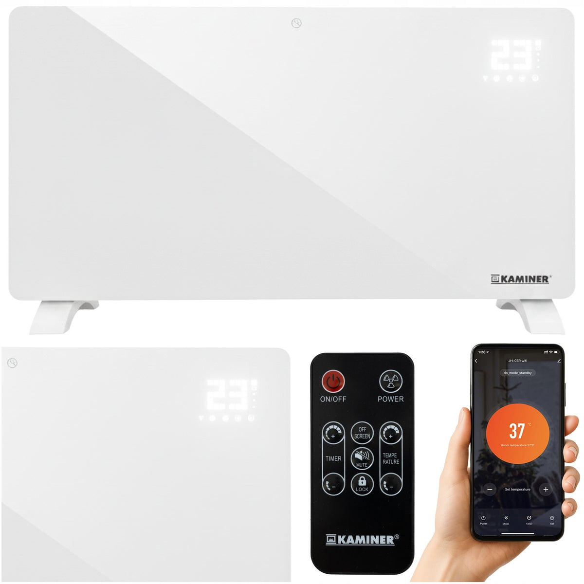 Grzejnik Elektryczny Szklany Kaminer 2500W WiFi Pilot Farelka Biały Wydajny 850 mm 410 mm grzewcza