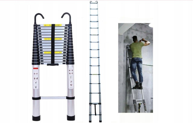 Drabina teleskopowa aluminium 15 szczebli 150 kg 6,20 m wysuwana, składana, do remontu i prac budowlanych, długość po złożeniu 111 cm