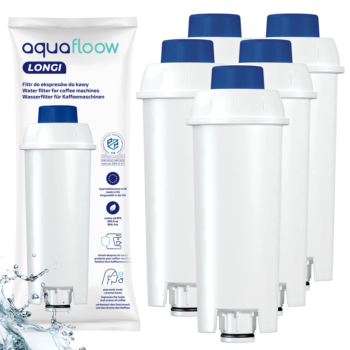 Filtr wody do ekspresu Delonghi - wkład filtrujący AquaFloow Longi 5 szt Kawomaty, oczyszczanie cieczy, komplet pięciu