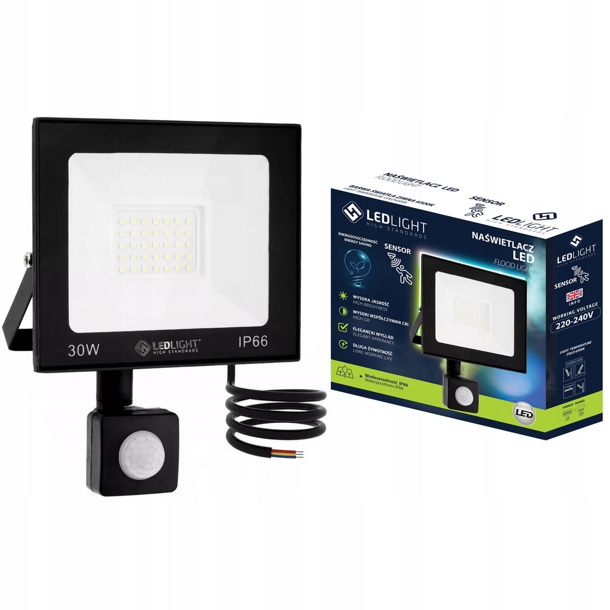 Halogen LED 30W naświetlacz z czujnikiem ruchu PIR slim IP66 roboczy zimny lampa zewnętrzna 2500 lm 6500 K do ogrodu i