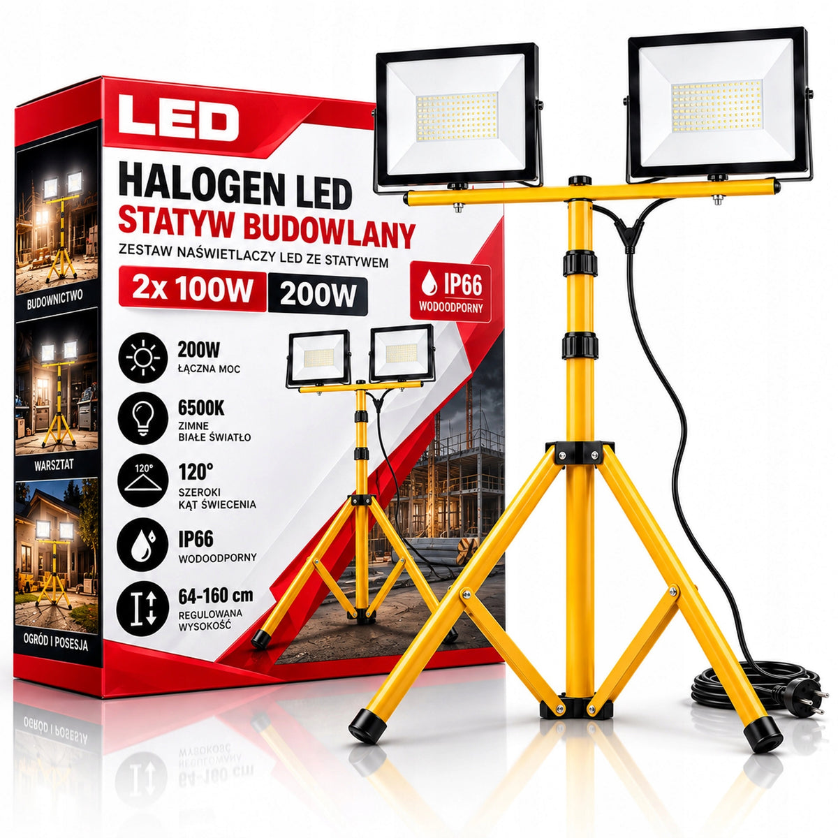 Halogen LED 2x100W naświetlacz budowlany lampa robocza na statywie IP66 reflektor warsztatowy, oświetlenie placu