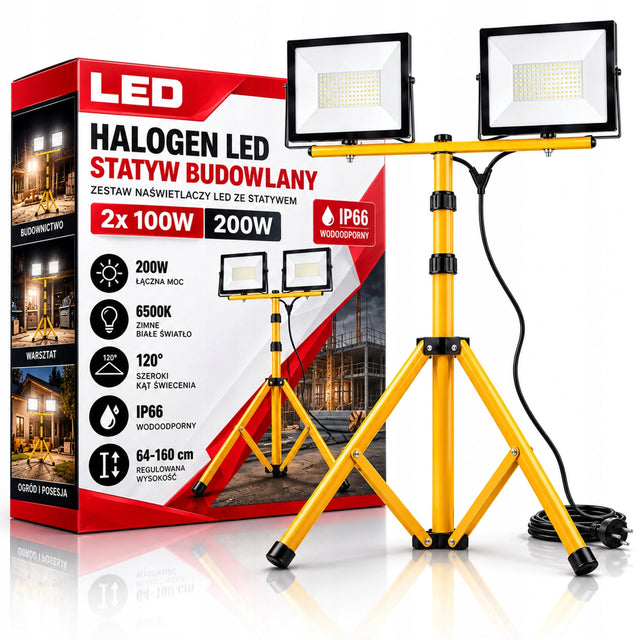 Halogen LED 2x100W naświetlacz budowlany lampa robocza na statywie IP66 reflektor warsztatowy, oświetlenie placu budowy, 20000 lm, zimna biel 6500 K