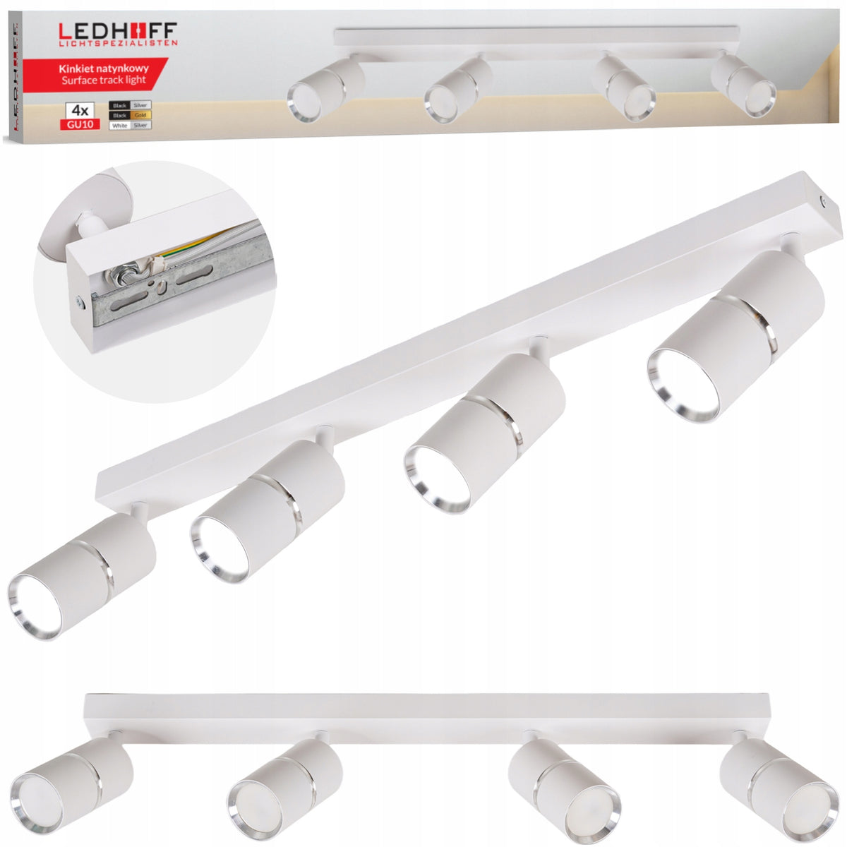 Lampa sufitowa LED szyna SPOT oprawa halogenowa 4x GU10 TUBA BIAŁA srebrna aluminiowa listwa punktowa do wnętrz