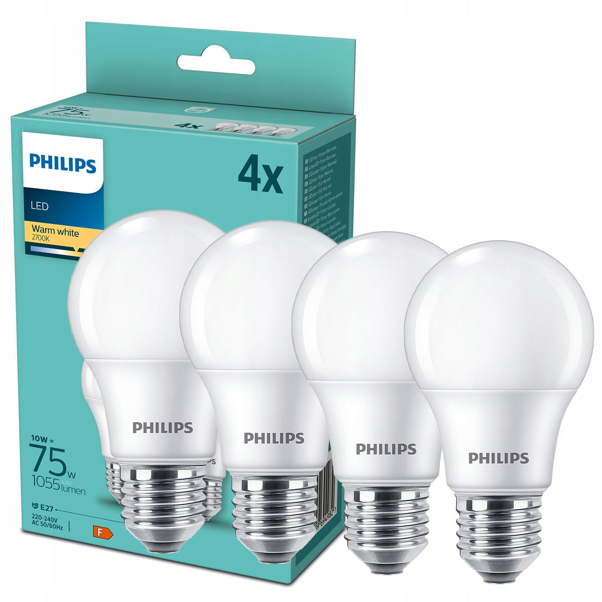Żarówka LED E27 philips 10W = 75W 1055lm 2700K barwa ciepła premium 4 szt. tradycyjny kształt, energooszczędne źródło