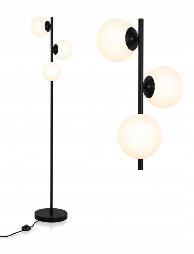 Lampa stojąca podłogowa białe kule loft czarna 165cm LED oświetlenie do salonu, sypialni i jadalni, 3 punkty światła, gwint E27