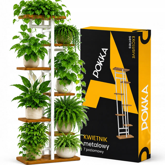 Kwietnik metalowy 7-POZIOMWY piętrowy stojak na doniczki kwiaty drewno 7P regał ekspozycyjny do roślin beżowy biały 120 cm