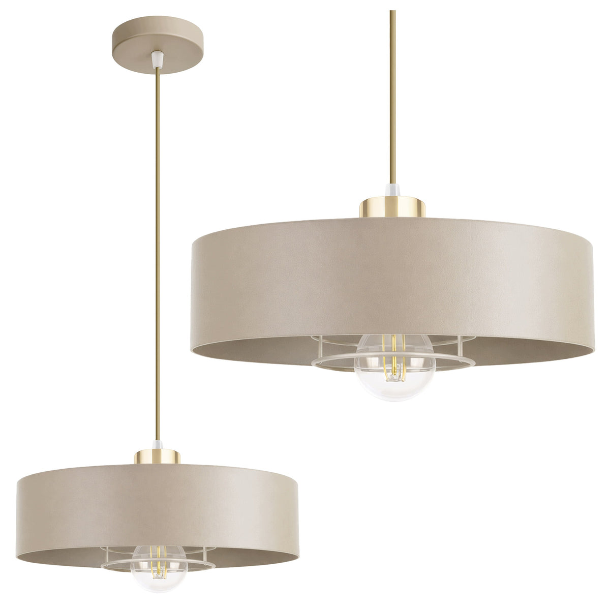 Lampa sufitowa wisząca E27 Beżowa ZŁOTA PREMIUM żyrandol LOFT ECRU GOLD metalowa oprawa 1-punktowa, klosz 20 cm