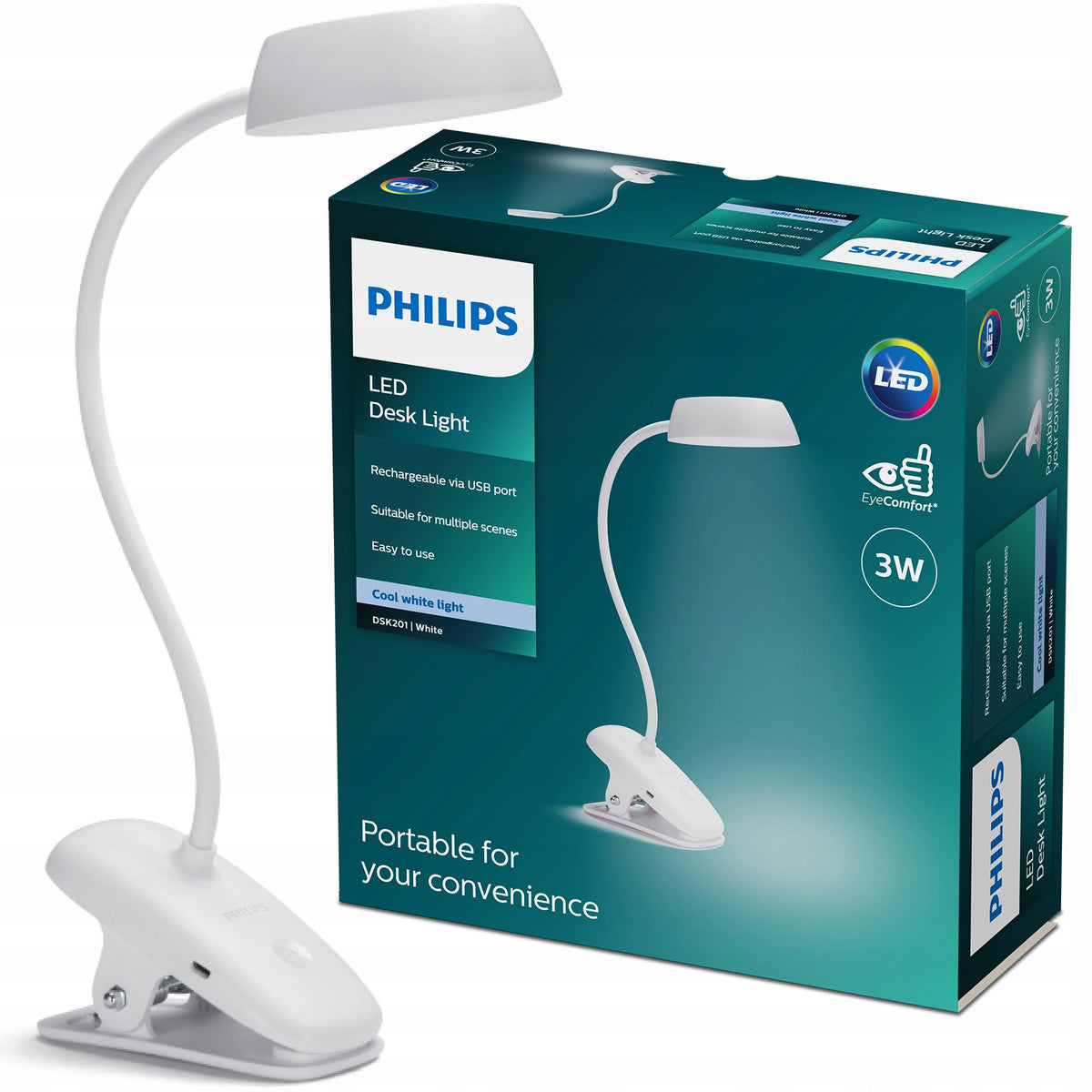 Lampka do Czytania LED NOCNA BIURKOWA BEZPRZEWODOWA USB z KLIPSEM PHILIPS żarówka E14 w komplecie, biała srebrna