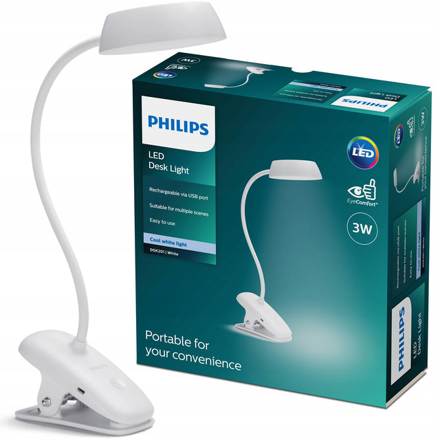 Lampka do Czytania LED nocna biurkowa bezprzewodowa USB z klipsem philips żarówka E14 w komplecie, biała srebrna, zasilanie sieciowe