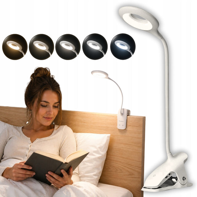 Lampka bezprzewodowa mini z klipsem do czytania LED USB C nocna na klips oświetlenie biurkowe ściemniane akumulatorowe białe 14 cm