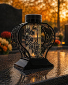 Znicz Solarny LED Fotowoltaiczny Czarny Srebro Krzyż Kwiaty 25cm Nowoczesny na cmentarz, nagrobny lampion, dekoracja