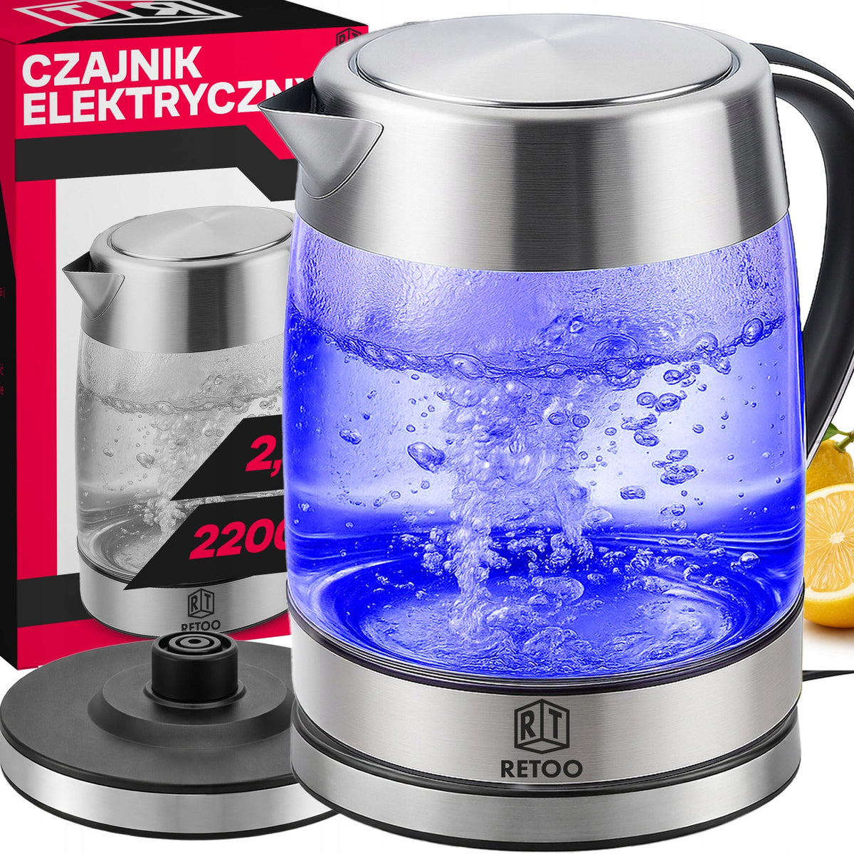 Czajnik elektryczny szklany bezprzewodowy stal 1,7l podświetlany LED 2200W 1.7 l 2200 w bezbarwny metal, szkło