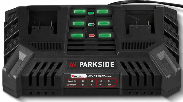 Parkside Akumulatorowa podwójna ładowarka 20 V, pdslg 20 B1, 2x 4,5 a 220 w do pakietów zasilających elektronarzędzia, dwa stanowiska
