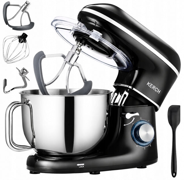 Robot kuchenny planetarny mikser z misą kerch mychef black 6,2l 3KOŃCÓWKI do wyrabiania ciasta, ubijania i ucierania, 2000 w, 6 prędkości