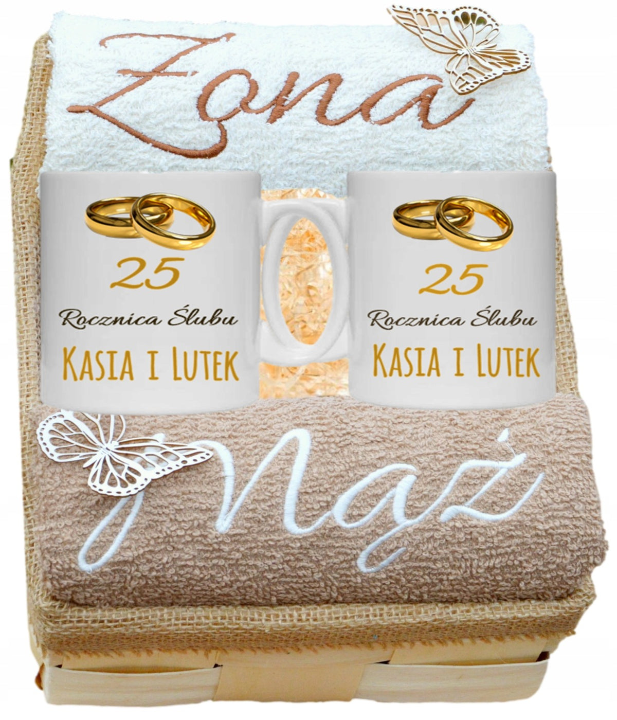 Prezent na rocznicę ślubu Jubileusz 20 30 40 50 kosz upominkowy z nadrukiem dla małżonków