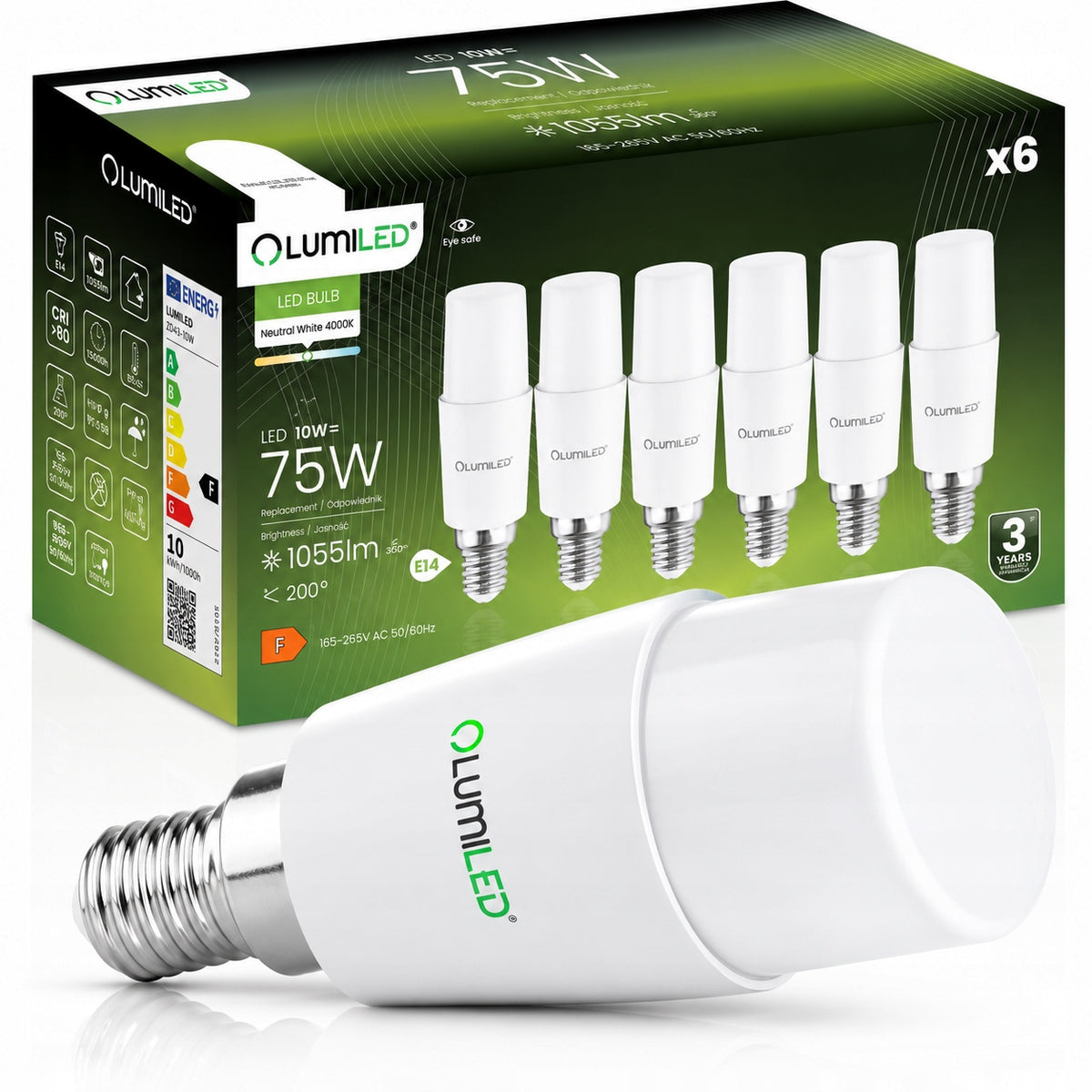 6x Żarówka LED E14 10W = 75W 1055lm 4000K Neutralna Tubularna lumiled źródło światła do lamp, oświetlenie domowe do