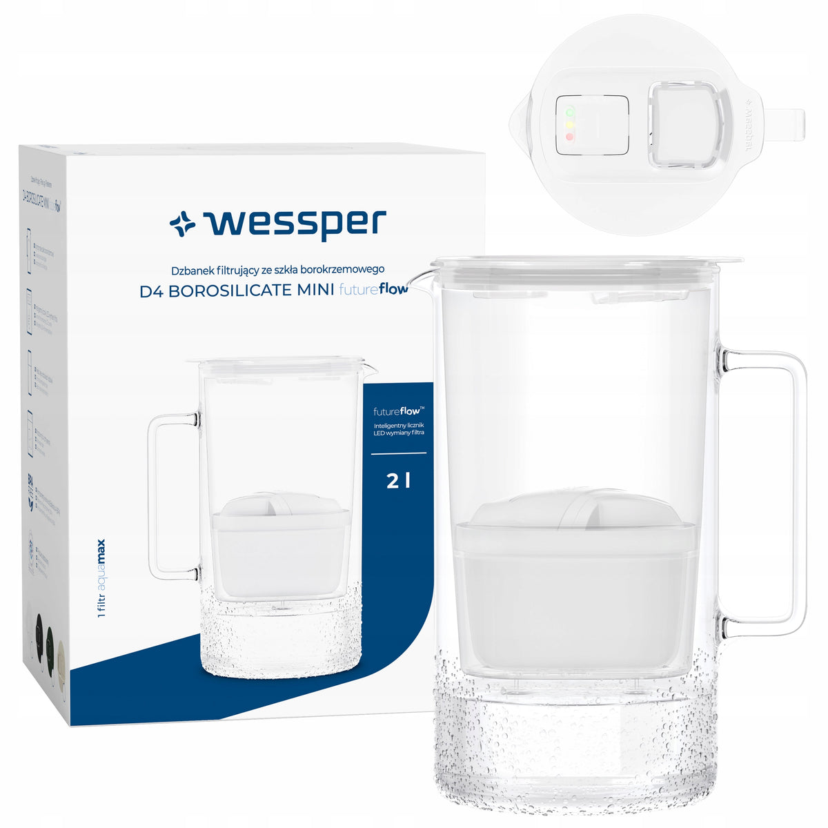 Szklany dzbanek filtrujący Wessper D4 borosilicate mini futureflow 2l biały