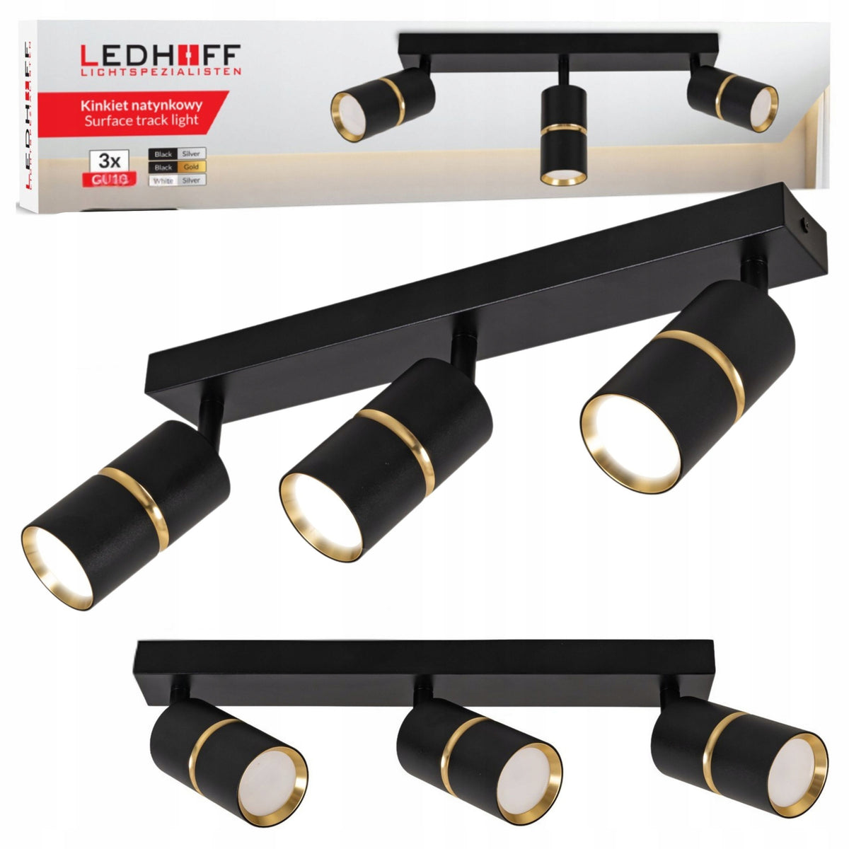 Lampa sufitowa LED kinkiet SPOT oprawa LISTWA 3x GU10 TUBA CZARNA złota oświetlenie ścienne 3-punktowe aluminiowe do