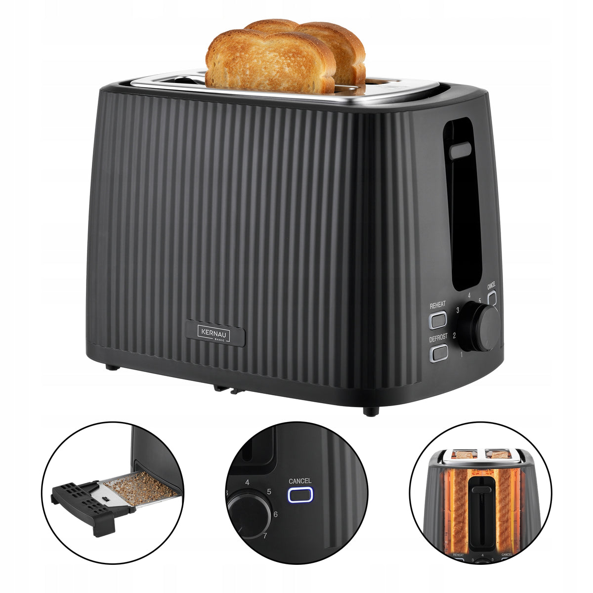 Toster Kernau Basic bkst 971 BK 930W 7 Stopni opiekania Rozmrażanie Tacka opiekacz do pieczywa, grzanki, na 2 kromki