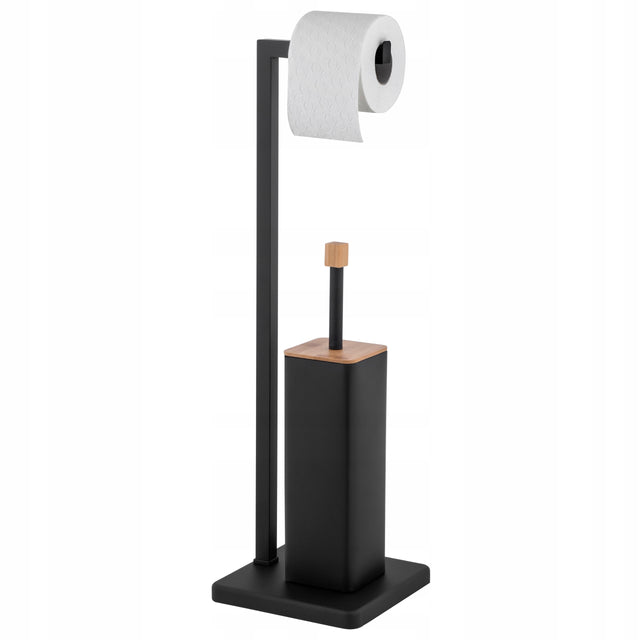 Stojak na papier toaletowy szczotkę wc 2w1 czarny uchwyt łazienkowy bambus metal, matowe wykończenie, syntetyczne włosie, wysokość 40-65 cm
