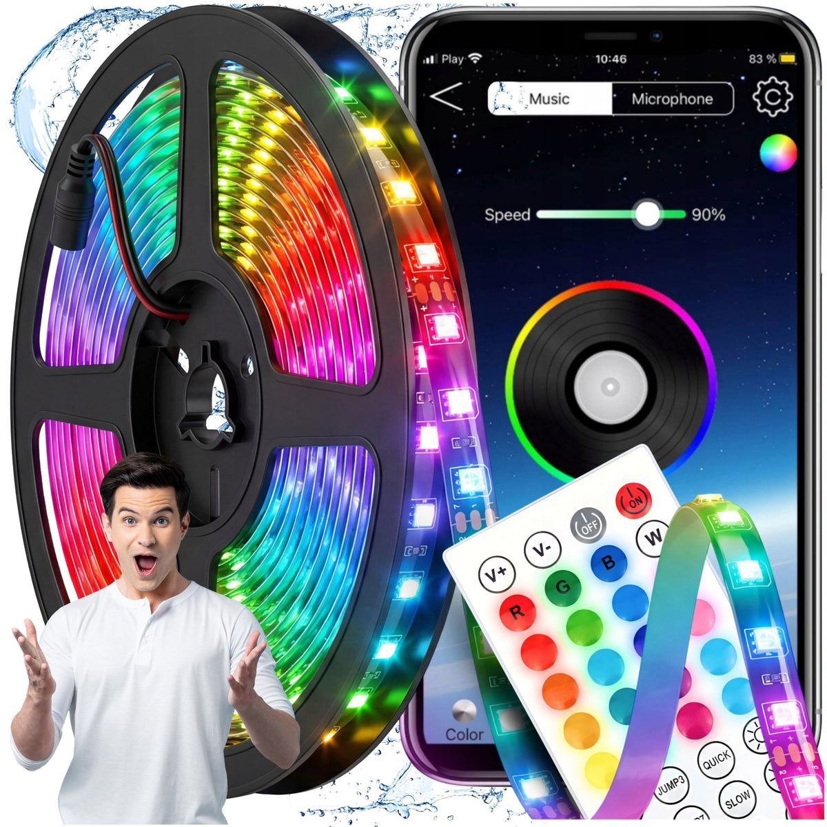 Taśma LED RGB 10m wodoodporna bluetooth sterowanie aplikacją montessa podświetlenie dekoracyjne wnętrz, wielokolorowe