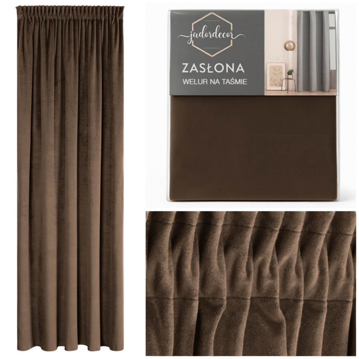 Gotowa Zasłona Velvet Zasłony na Taśmie Żabki 140x250 Welur Czekolada dekoracja okna do salonu i sypialni, gładka
