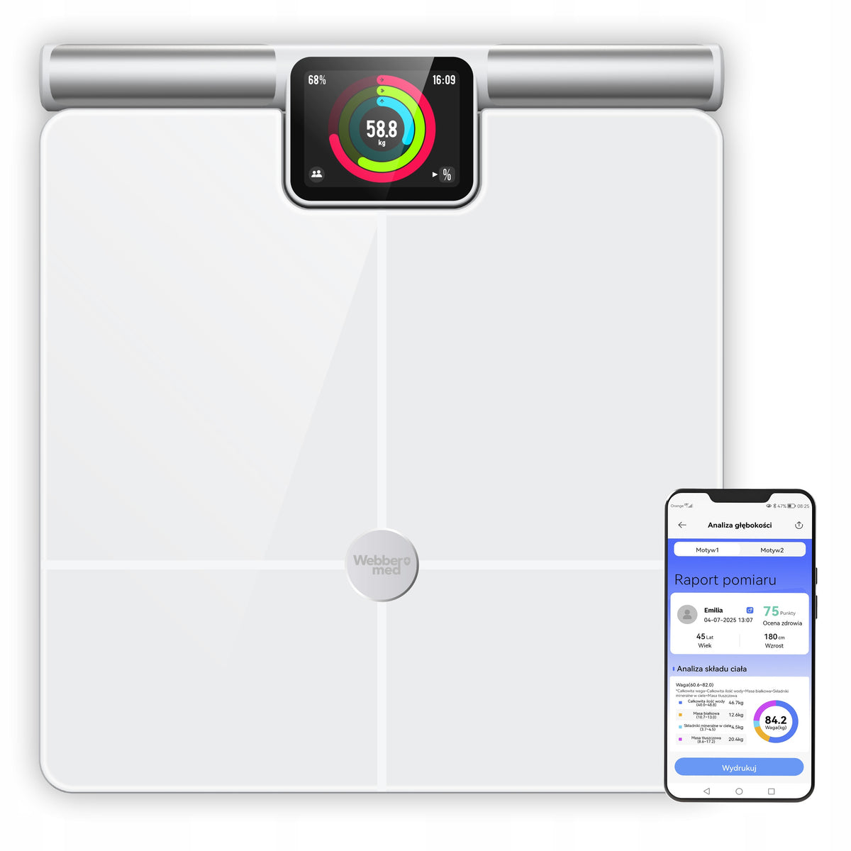 Waga Łazienkowa Analityczna 57 Parametrów Apple Health, Google Fit, wifi elektroniczna biały