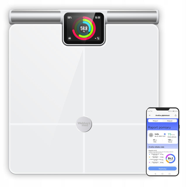 Waga Łazienkowa Analityczna 57 Parametrów Apple Health, Google Fit, wifi elektroniczna biały