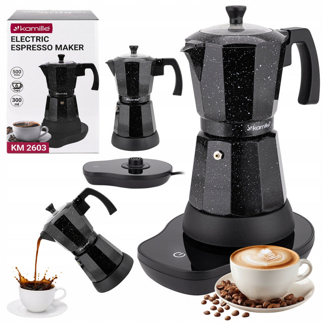 Kawiarka elektryczna 300 ml zaparzacz ekspres do kawy espresso 500W kamille 500 w czarny aluminium, tworzywo sztuczne