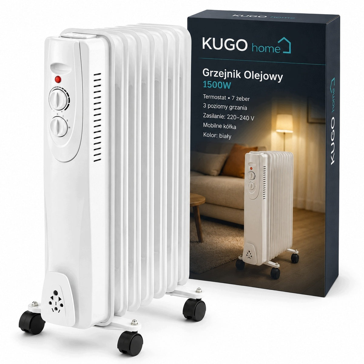 Grzejnik Olejowy Elektryczny Termostat Energooszczędny 1500W 7 Żebrowy Duży 20 mm 55 mm grzewcza biały