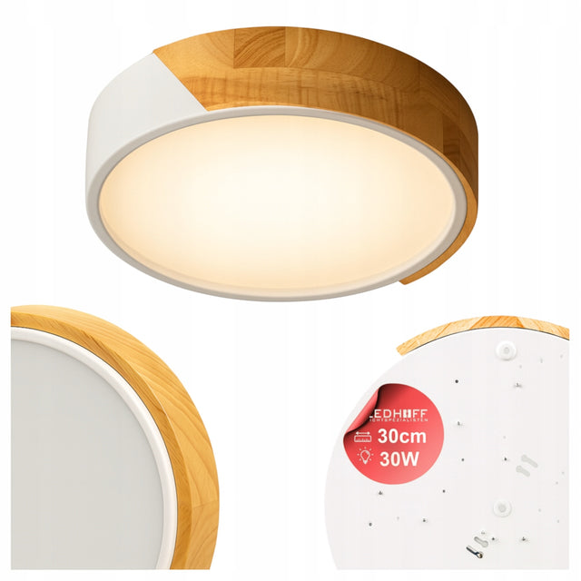 Lampa sufitowa Plafon LED drewno biały okrągły 30cm 30W Neutralny do salonu oświetlenie pokojowe zintegrowane źródło światła w beżowym kolorze