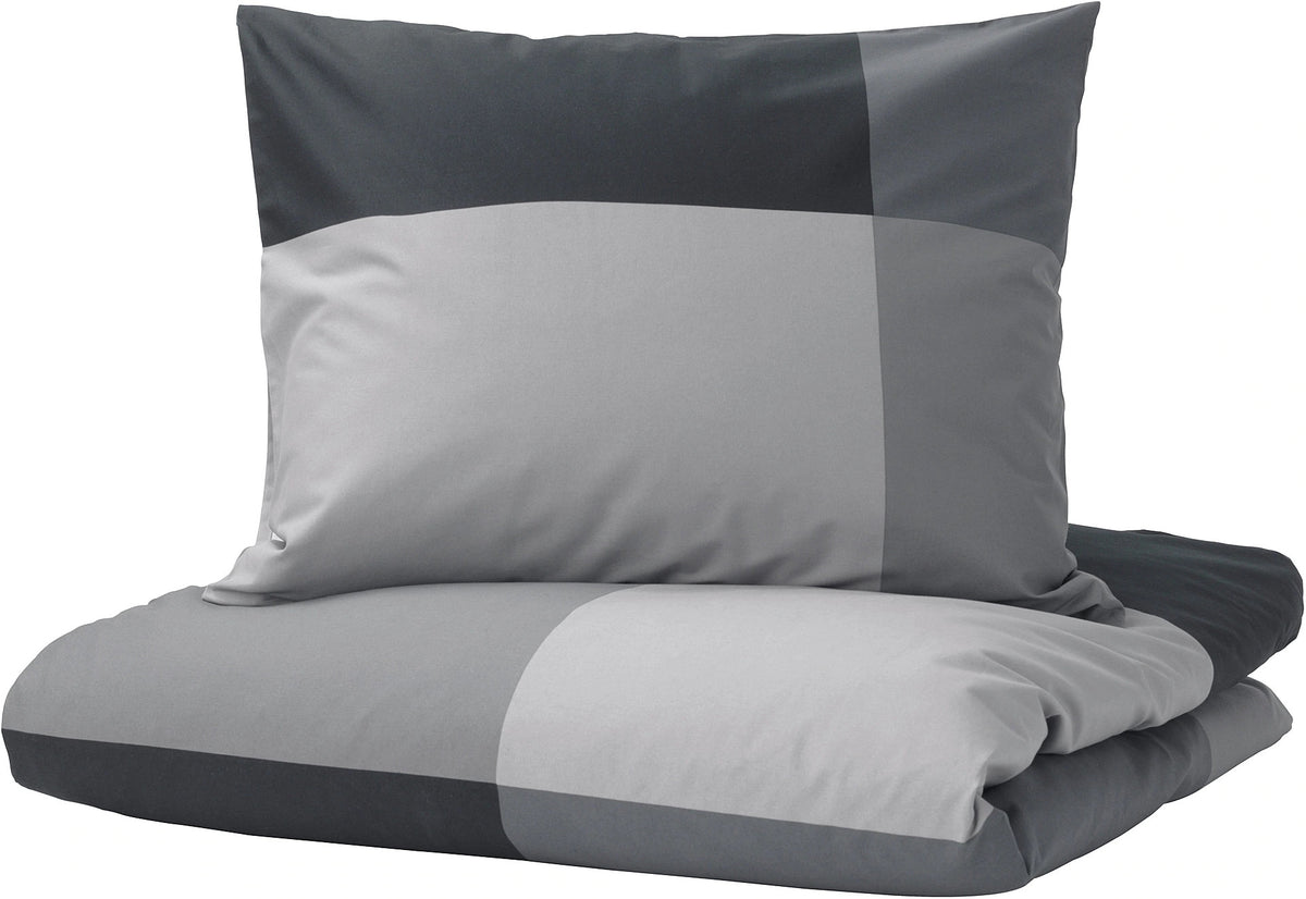 Komplet pościeli kołdra 150cm x 200 poduszka 50x60cm 2 części szary ikea bawełniana w kratkę z napami do sypialni