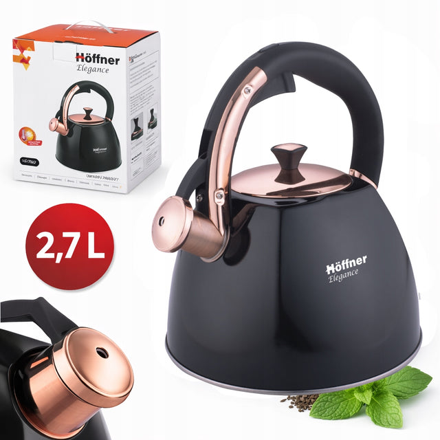 Czajnik z gwizdkiem 2,7l Czarny połysk rose gold indukcja stal nierdzewna do gotowania wody, parzenia herbaty i kawy