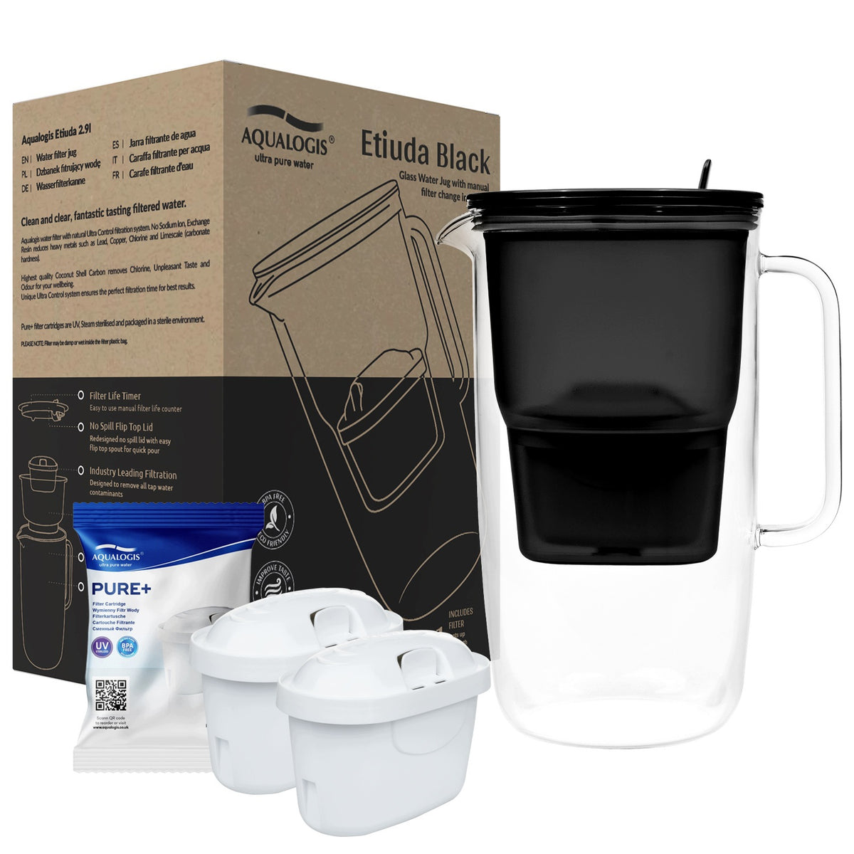 Dzbanek filtrujący szklany etiuda + 2 wkłady pure+ aqualogis 2.9l bezbarwny
