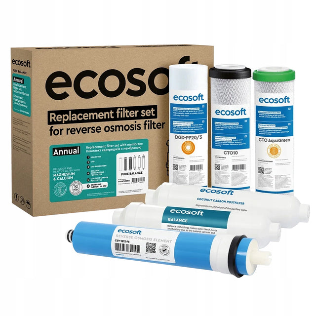 Roczny zestaw wkładów do odwróconej osmozy Ecosoft pure Balance filtry wymienne, oczyszczanie i uzdatnianie wody pitnej, komplet serwisowy
