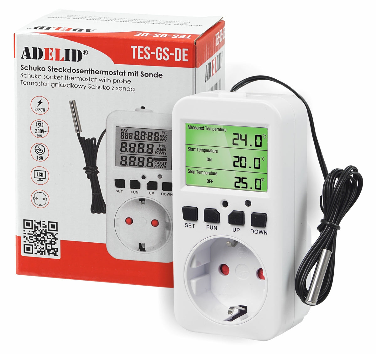 Termostat elektroniczny regulator temperatury gniazdo sieci 230V max. 3680W sterownik ogrzewania, czujnik cyfrowy, 16A
