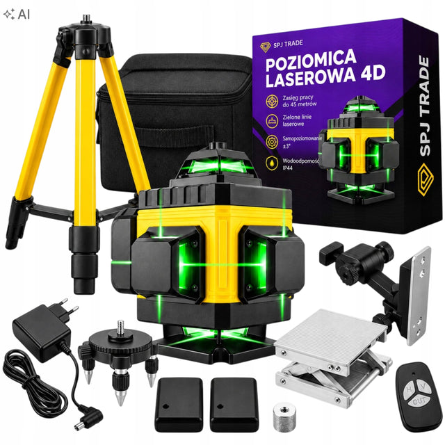 Poziomica laserowa poziomnica 4D 16 linii 360 krzyżowa statyw elektroniczna do glazury i remontów, zielona wiązka, zasięg 45 m, dokładność 1 mm