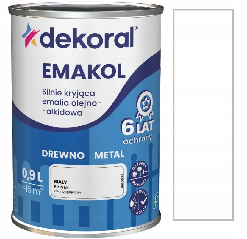 Emakol strong emalia do drewna i metalu biały połysk RAL 9003 0.9l farba alkidowa do mebli, wydajność 18 m²/l