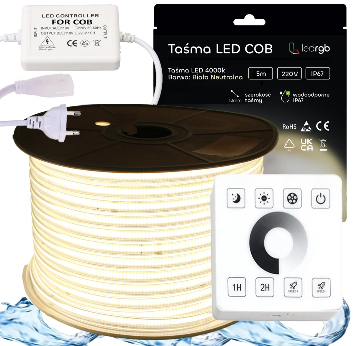 Zestaw Taśma LED COB 230V 5m 4000K biała neutralna zasilacz sterownik pilot pasek świetlny IP67 45W do dekoracji