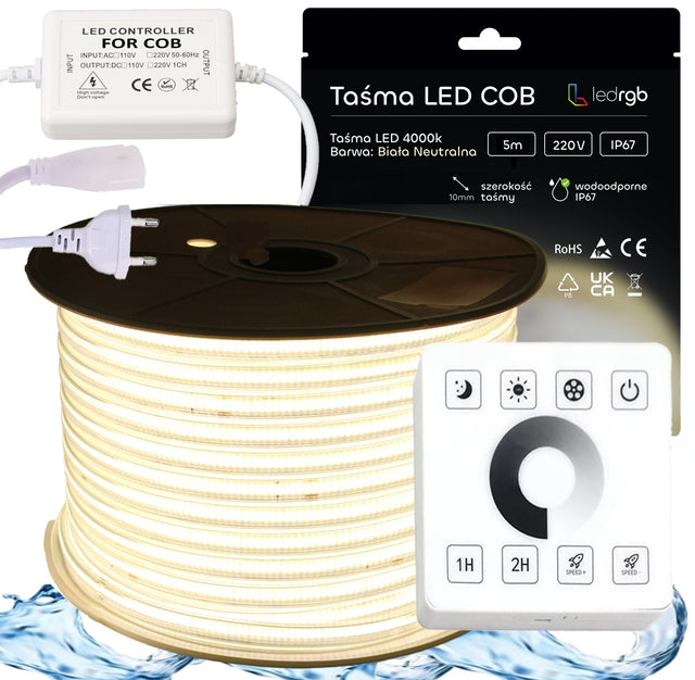 Zestaw Taśma LED COB 230V 5m 4000K biała neutralna zasilacz sterownik pilot pasek świetlny IP67 45W do dekoracji