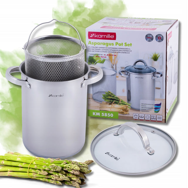 Garnek do szparagów makaronu szynkowaru z sitkiem kamille stal nierdzewna, 4 l, indukcja, gaz, elektryczna, ceramiczna, zmywarka, pokrywka