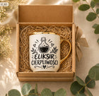 Elegancki kubek prezent na dzień nauczyciela eliksir cierpliwośći porcelanowy 330 ml do kawy i herbaty